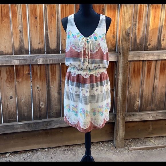 Free People dress tank lined boho shabby chic geometric tan cream Sz large